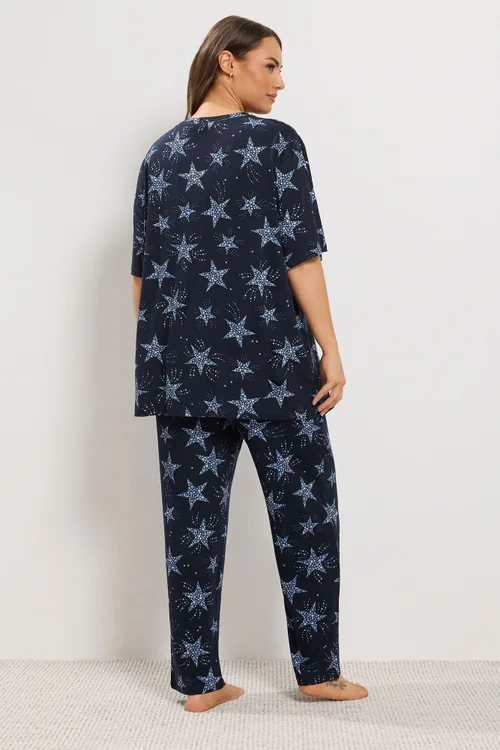 Yours Curve Navy Blue Star Soft Touch Wide Leg Pyjama Set - 18-20 Image 3