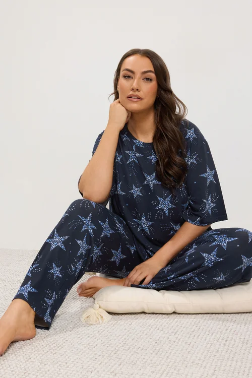 Yours Curve Navy Blue Star Soft Touch Wide Leg Pyjama Set - 18-20 Image 1