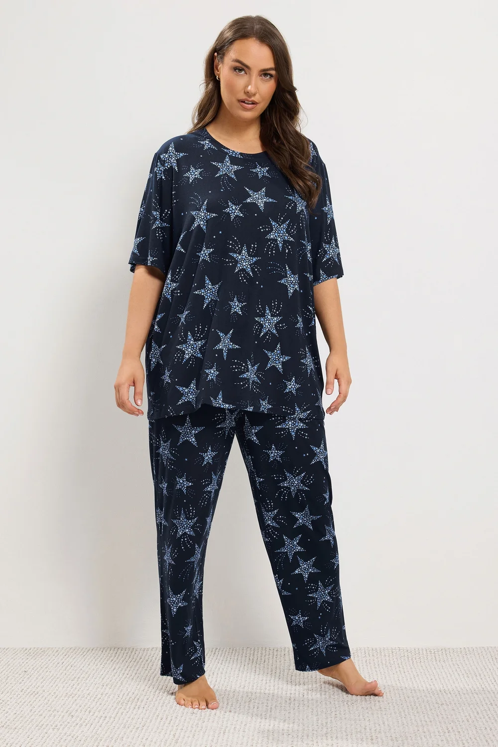 Yours Curve Navy Blue Star Soft Touch Wide Leg Pyjama Set - 18-20 Image 2