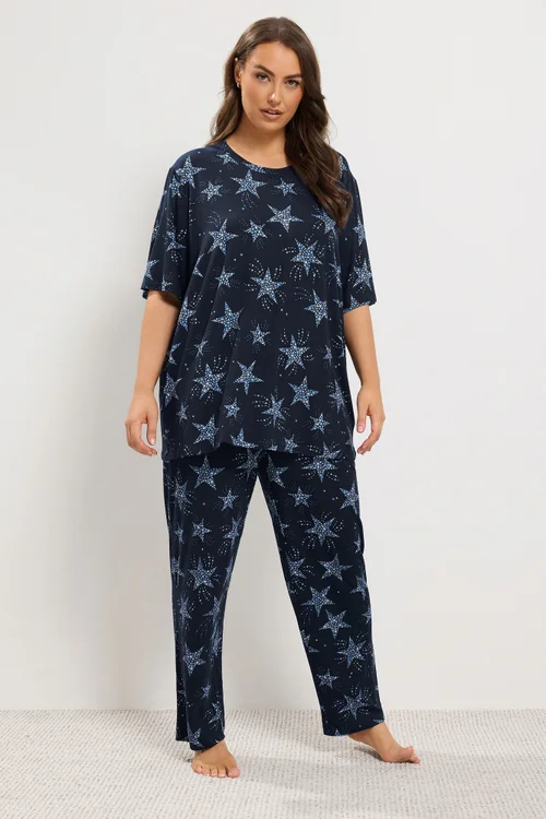 Yours Curve Navy Blue Star Soft Touch Wide Leg Pyjama Set - 18-20 Image 2