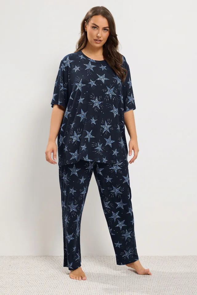 Yours Curve Navy Blue Star Soft Touch Wide Leg Pyjama Set