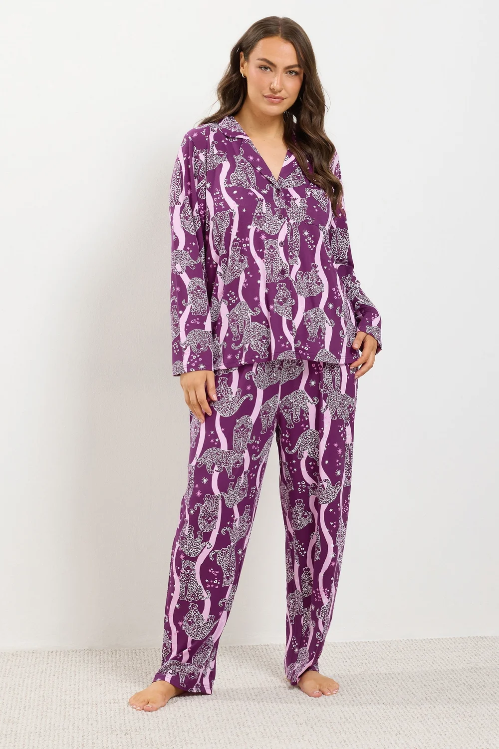 Yours Curve Burgundy Red Leopard Graphic Soft Touch Pyjama Set - 10-12 Image 1