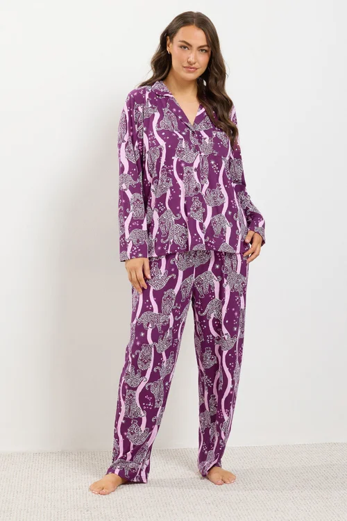 Yours Curve Burgundy Red Leopard Graphic Soft Touch Pyjama Set - 10-12 Image 1