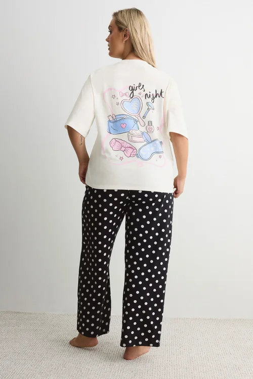 Yours Curve Ivory White 'Girls Night' Polka Dot Pyjama Set - 26-28 Image 4