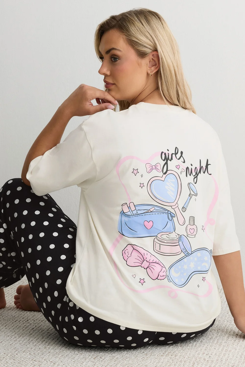 Yours Curve Ivory White 'Girls Night' Polka Dot Pyjama Set - 26-28 Image 3