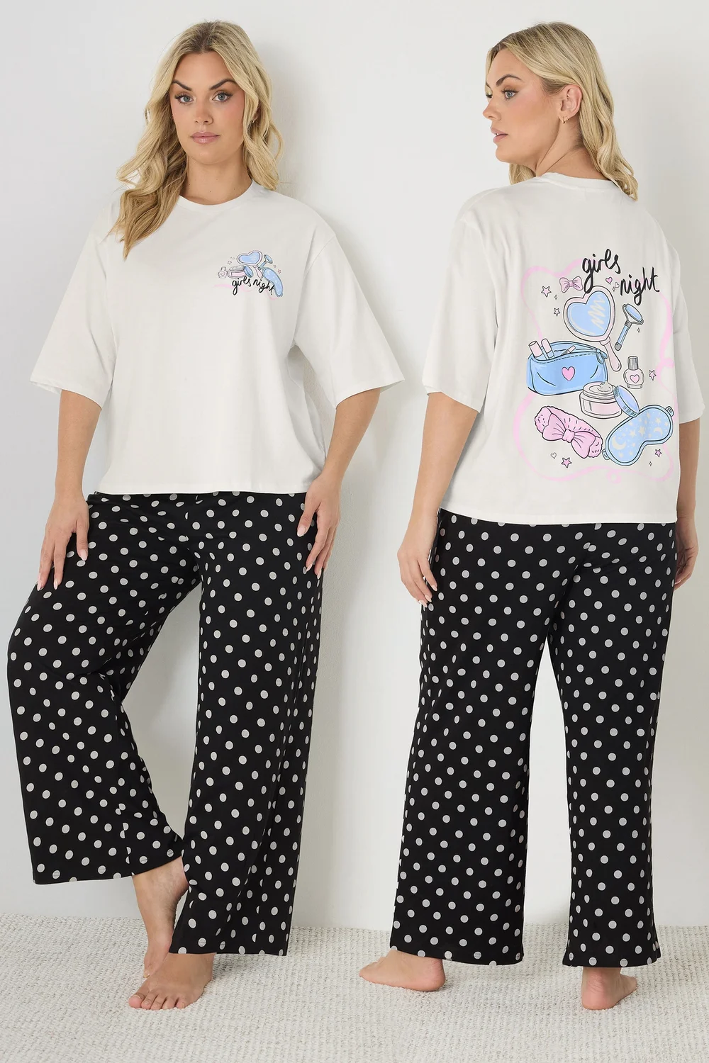 Yours Curve Ivory White 'Girls Night' Polka Dot Pyjama Set - 26-28 Image 1