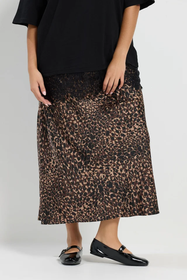 Yours Curve Brown Animal Bias Cut Satin Skirt