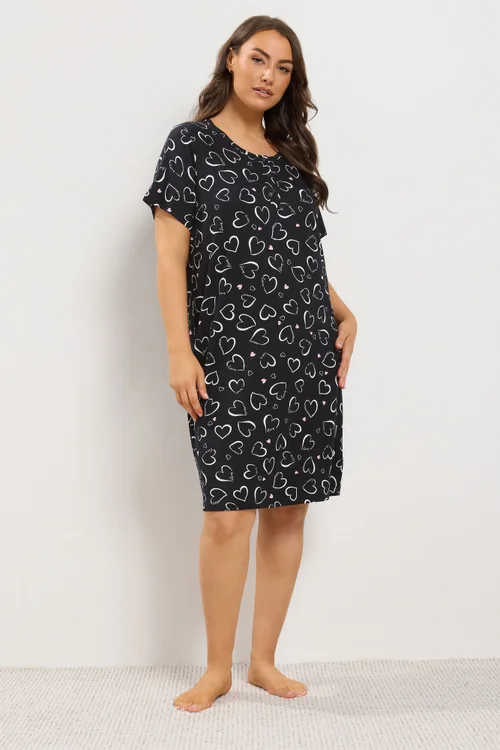 Yours Curve Black Heart Print Placket Nightdress - 30-32 Image 1