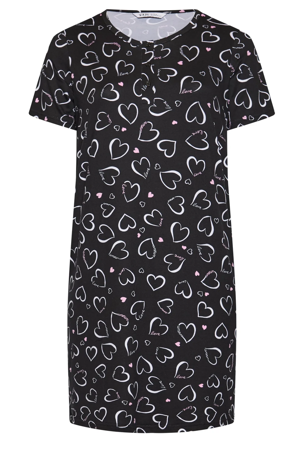 Yours Curve Black Heart Print Placket Nightdress - 30-32 Image 5