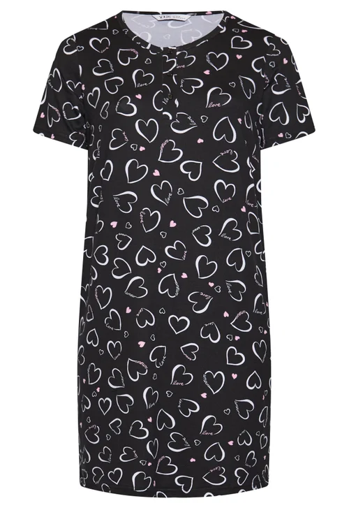 Yours Curve Black Heart Print Placket Nightdress - 30-32 Image 5