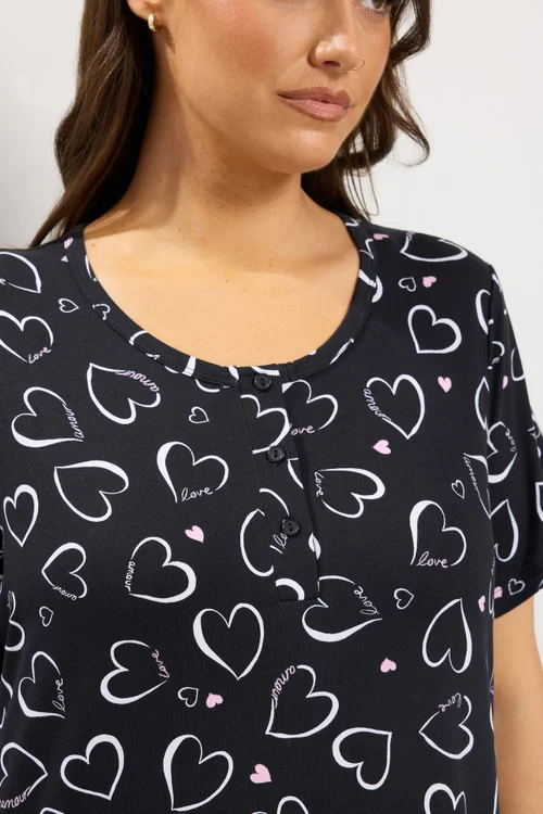 Yours Curve Black Heart Print Placket Nightdress - 30-32 Image 4