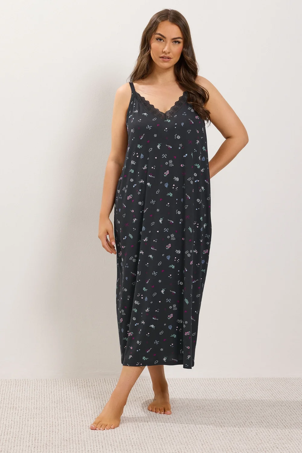 Yours Curve Black Ditsy Floral Soft Touch Chemise - 14-16 Image 1