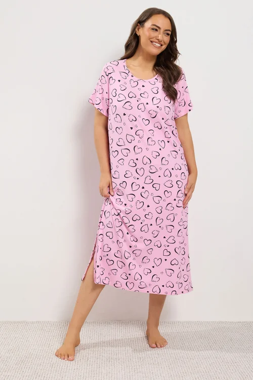 Yours Curve 2 Pack Black & Pink Heart Print Midaxi Nightdresses - 30-32 Image 2