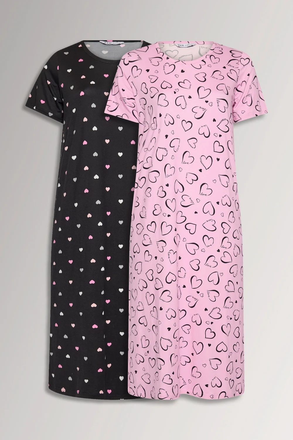 Yours Curve 2 Pack Black & Pink Heart Print Midaxi Nightdresses - 30-32 Image 1