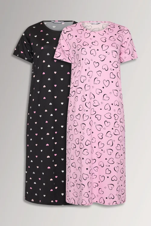 Yours Curve 2 Pack Black & Pink Heart Print Midaxi Nightdresses - 30-32 Image 1