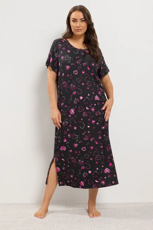 Yours Curve Black Heart Soft Touch Placket Midaxi Nightdress - 14-16 Image 1