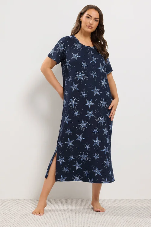 Yours Curve Navy Blue Star Placket Midaxi Nightdress - 30-32 Image 2