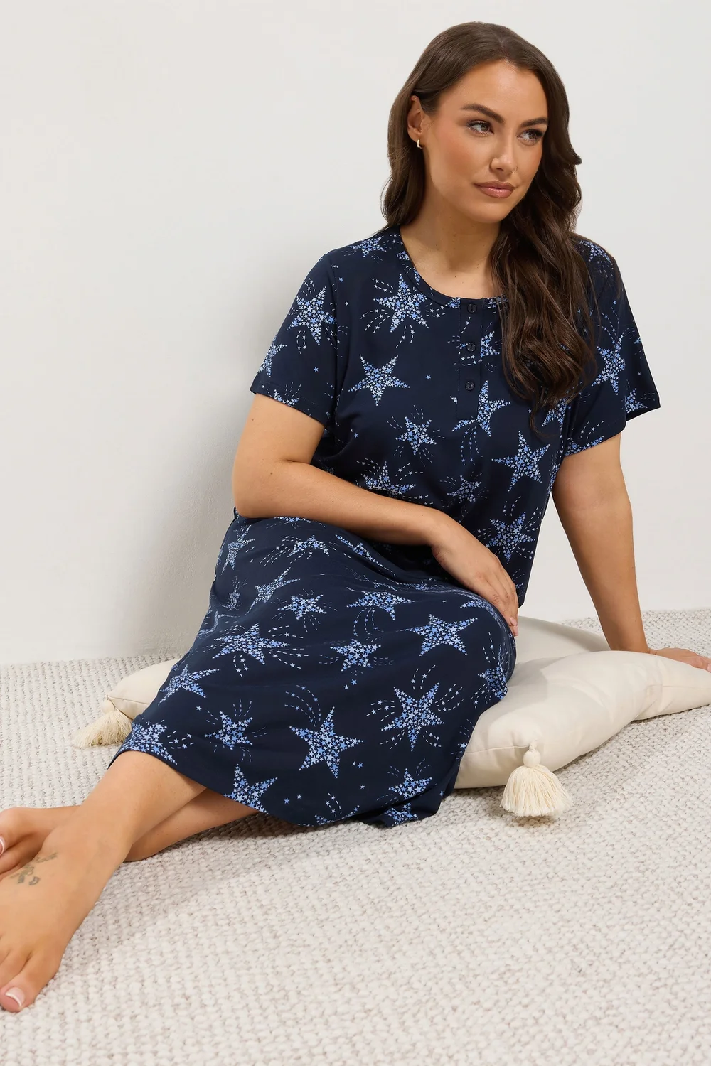 Yours Curve Navy Blue Star Placket Midaxi Nightdress - 30-32 Image 1