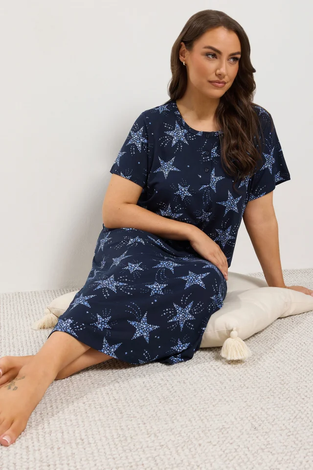 Yours Curve Navy Blue Star Placket Midaxi Nightdress