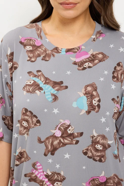 Yours Curve Grey Highland Cow Soft Touch Nightdress - 38-40 Image 4