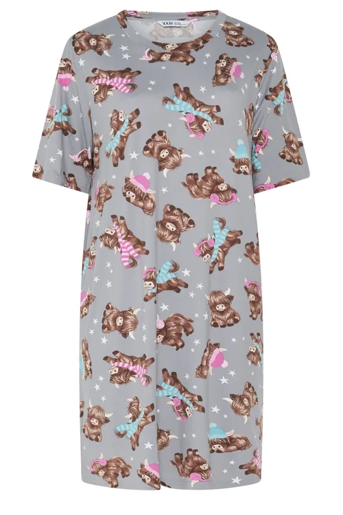 Yours Curve Grey Highland Cow Soft Touch Nightdress - 38-40 Image 5