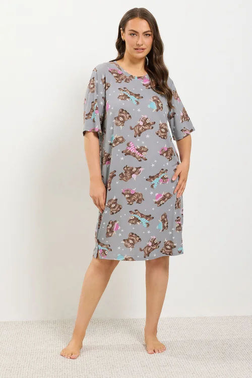Yours Curve Grey Highland Cow Soft Touch Nightdress - 38-40 Image 1