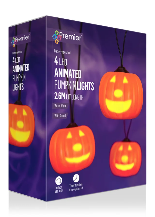 Premier Decorations Battery Operated Talking Pumpkin String Lights with Moving Face Projection - Set of 4