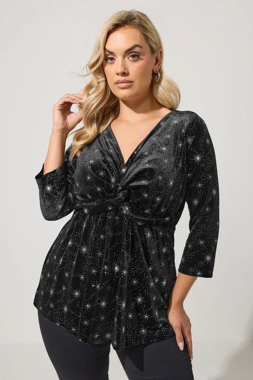 Yours London Curve Black Star Velvet Knot Top - 14 Image 1