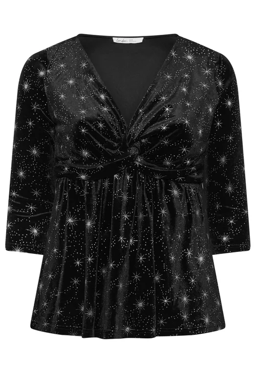 Yours London Curve Black Star Velvet Knot Top - 14 Image 5