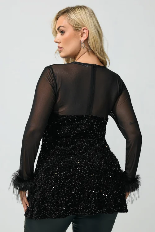 Yours London Curve Black Mesh Sequin Velvet Fur Trim Top - 18 Image 3