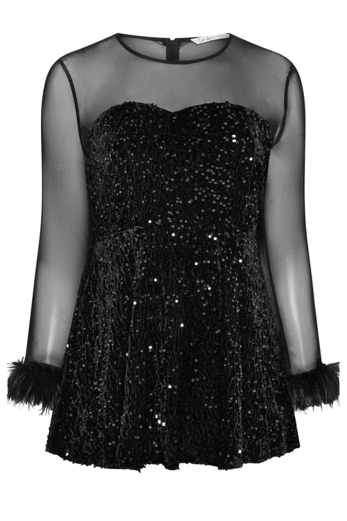 Yours London Curve Black Mesh Sequin Velvet Fur Trim Top - 18 Image 5