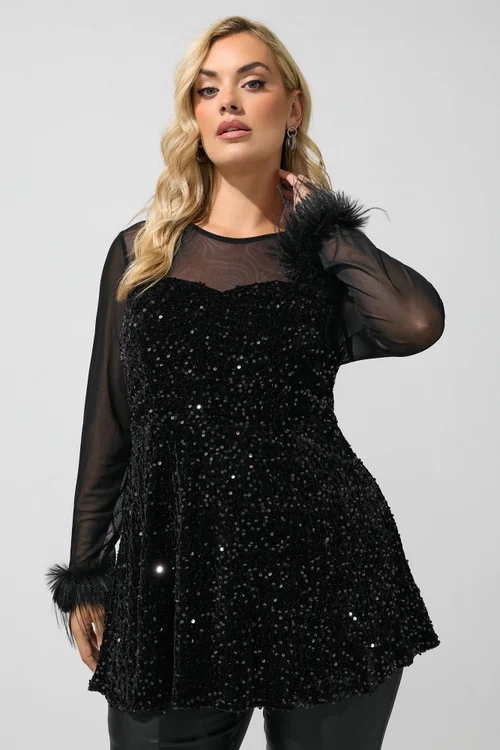 Yours London Curve Black Mesh Sequin Velvet Fur Trim Top - 18 Image 1