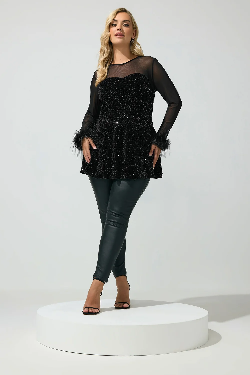 Yours London Curve Black Mesh Sequin Velvet Fur Trim Top - 18 Image 2