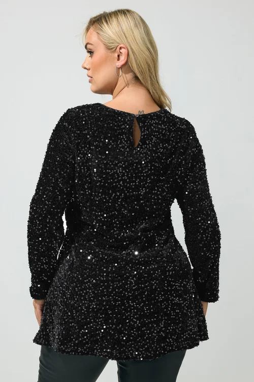 Yours London Curve Black Sequin Velvet Keyhole Top - 26-28 Image 3