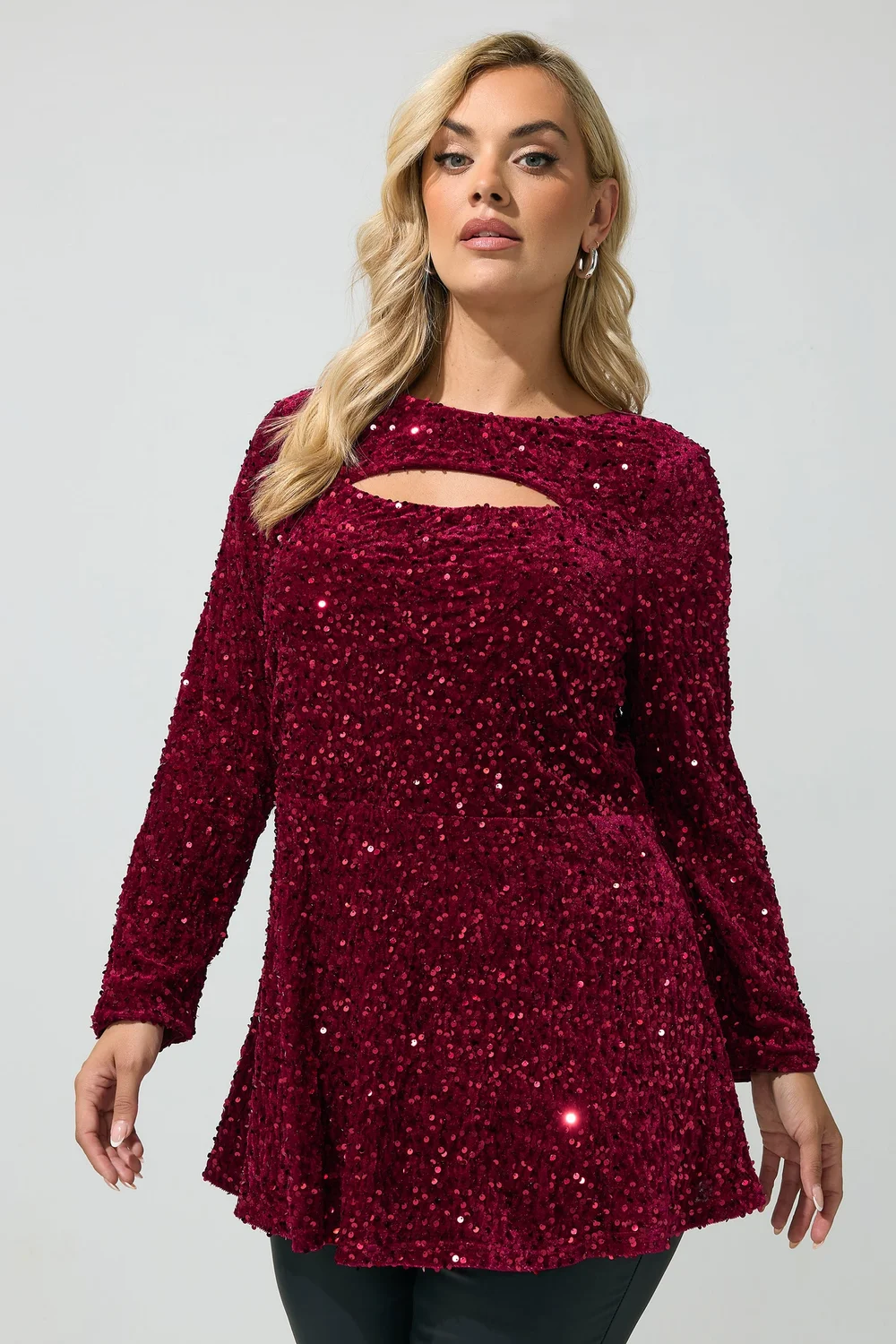 Yours London Curve Burgundy Red Sequin Velvet Keyhole Top - 16 Image 1