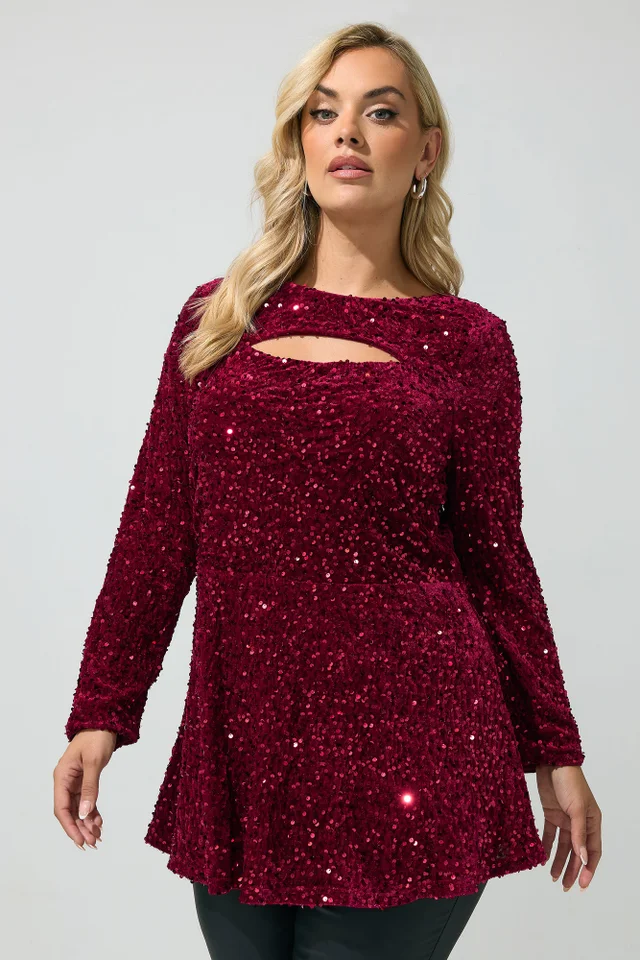 Yours London Curve Burgundy Red Sequin Velvet Keyhole Top