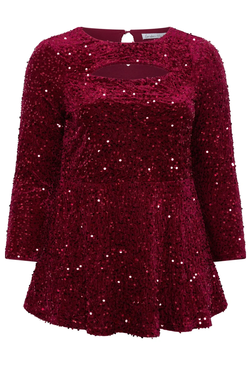Yours London Curve Burgundy Red Sequin Velvet Keyhole Top - 16 Image 5