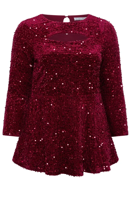Yours London Curve Burgundy Red Sequin Velvet Keyhole Top - 16 Image 5