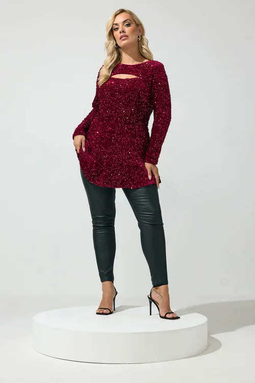 Yours London Curve Burgundy Red Sequin Velvet Keyhole Top - 16 Image 2