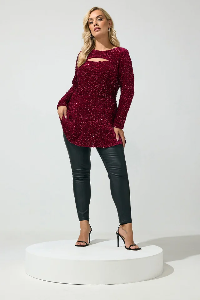 Yours London Curve Burgundy Red Sequin Velvet Keyhole Top