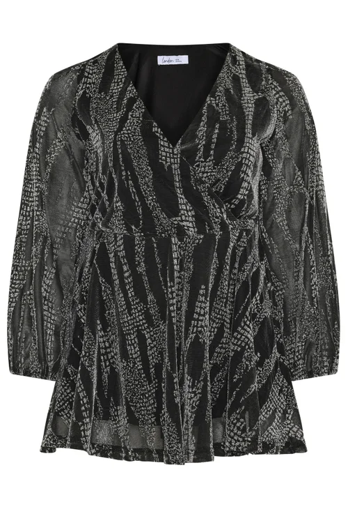 Yours London Curve Black & Silver Metallic Wrap Top - 22-24 Image 5