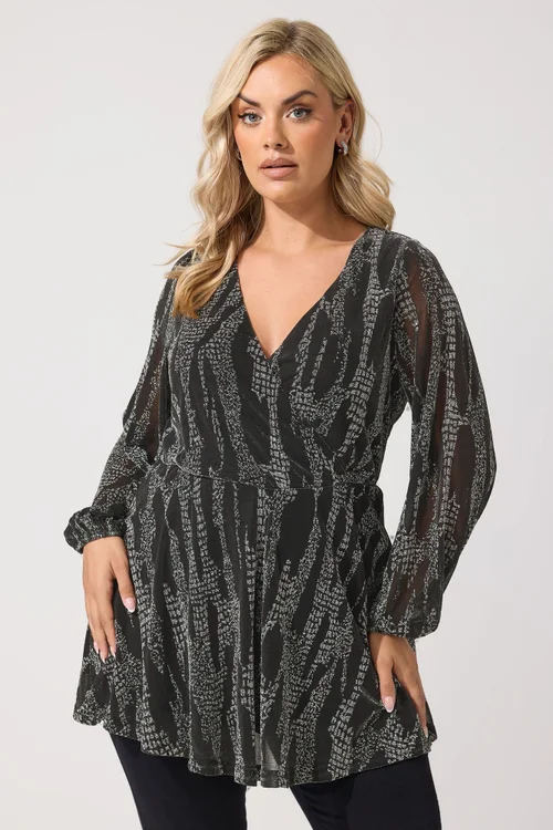 Yours London Curve Black & Silver Metallic Wrap Top - 22-24 Image 1