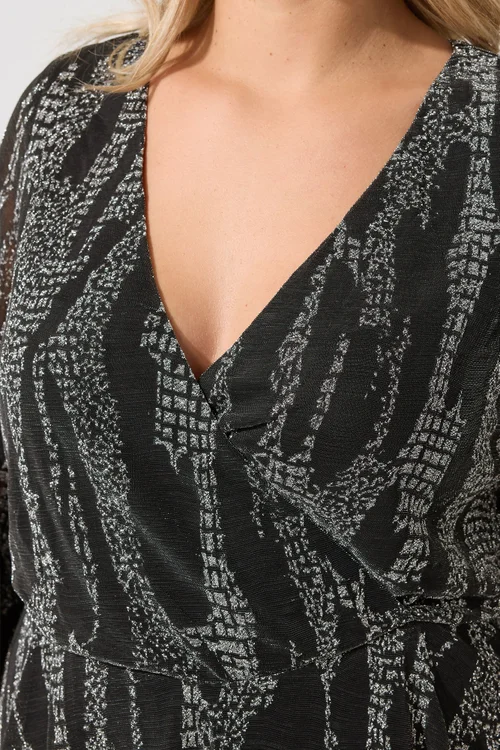 Yours London Curve Black & Silver Metallic Wrap Top - 22-24 Image 4