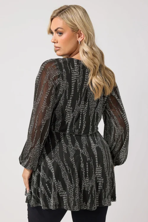 Yours London Curve Black & Silver Metallic Wrap Top - 22-24 Image 3