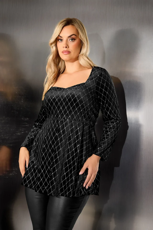 Yours London Curve Black Velvet Glitter Square Neck Top