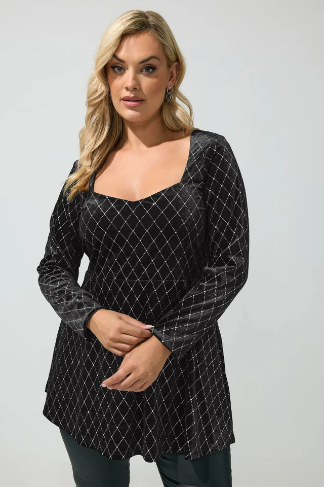 Yours London Curve Black Velvet Glitter Square Neck Top