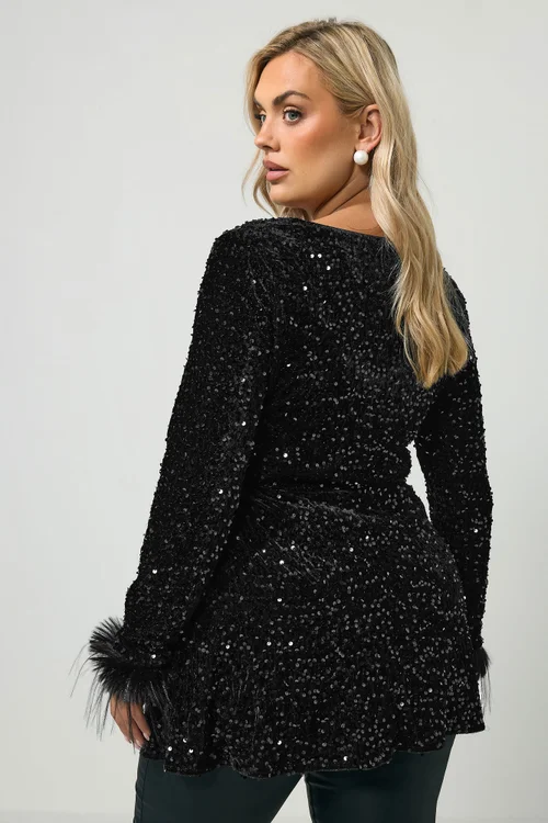 Yours London Curve Black Sequin Velvet Fur Trim Top - 16 Image 3