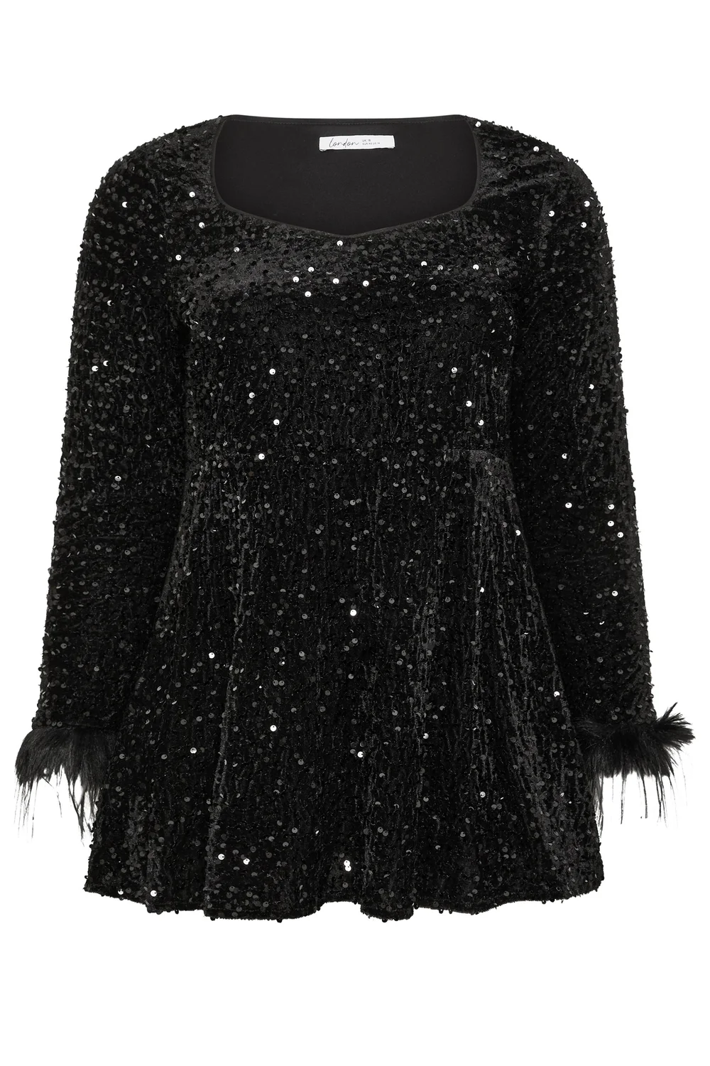 Yours London Curve Black Sequin Velvet Fur Trim Top - 16 Image 5