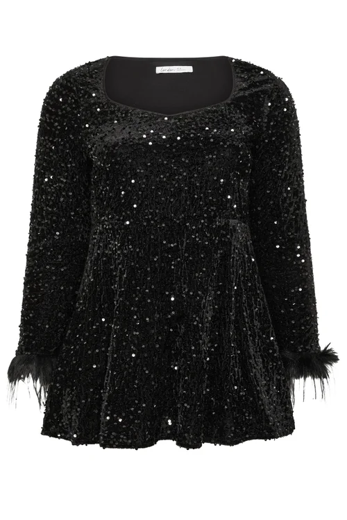 Yours London Curve Black Sequin Velvet Fur Trim Top - 16 Image 5