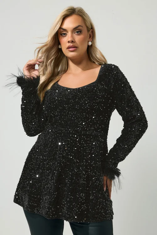 Yours London Curve Black Sequin Velvet Fur Trim Top - 16 Image 1
